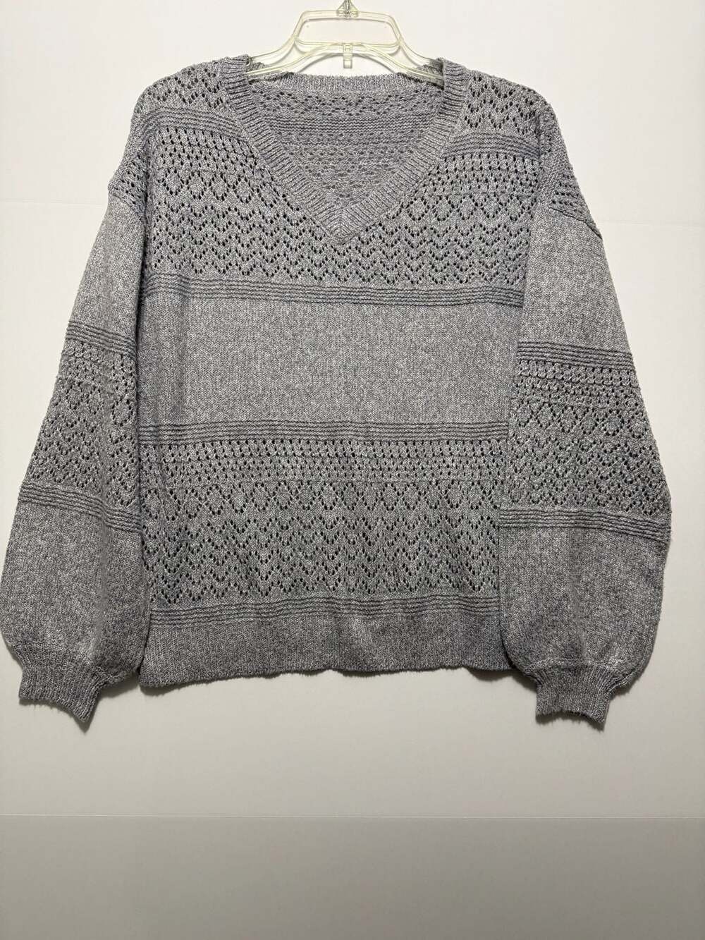 Women Grey V-Neck Open Knit Long Sleeve Casual Pullover Sweater